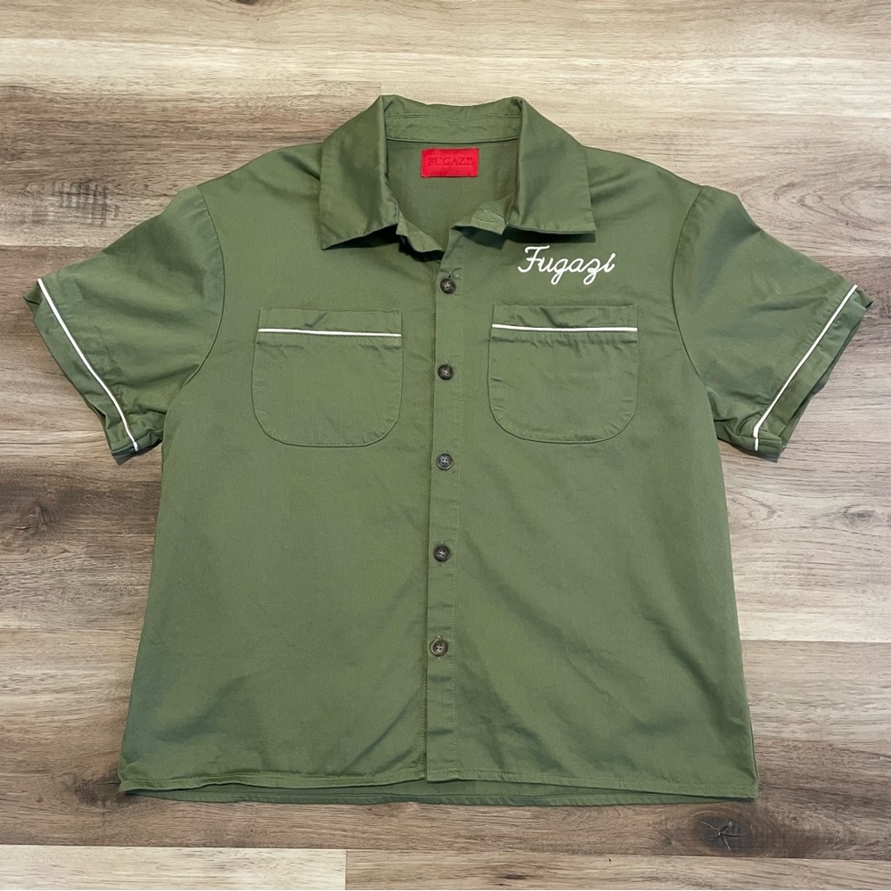 Fugazi chain stitched bowling shirt olive green button up size small